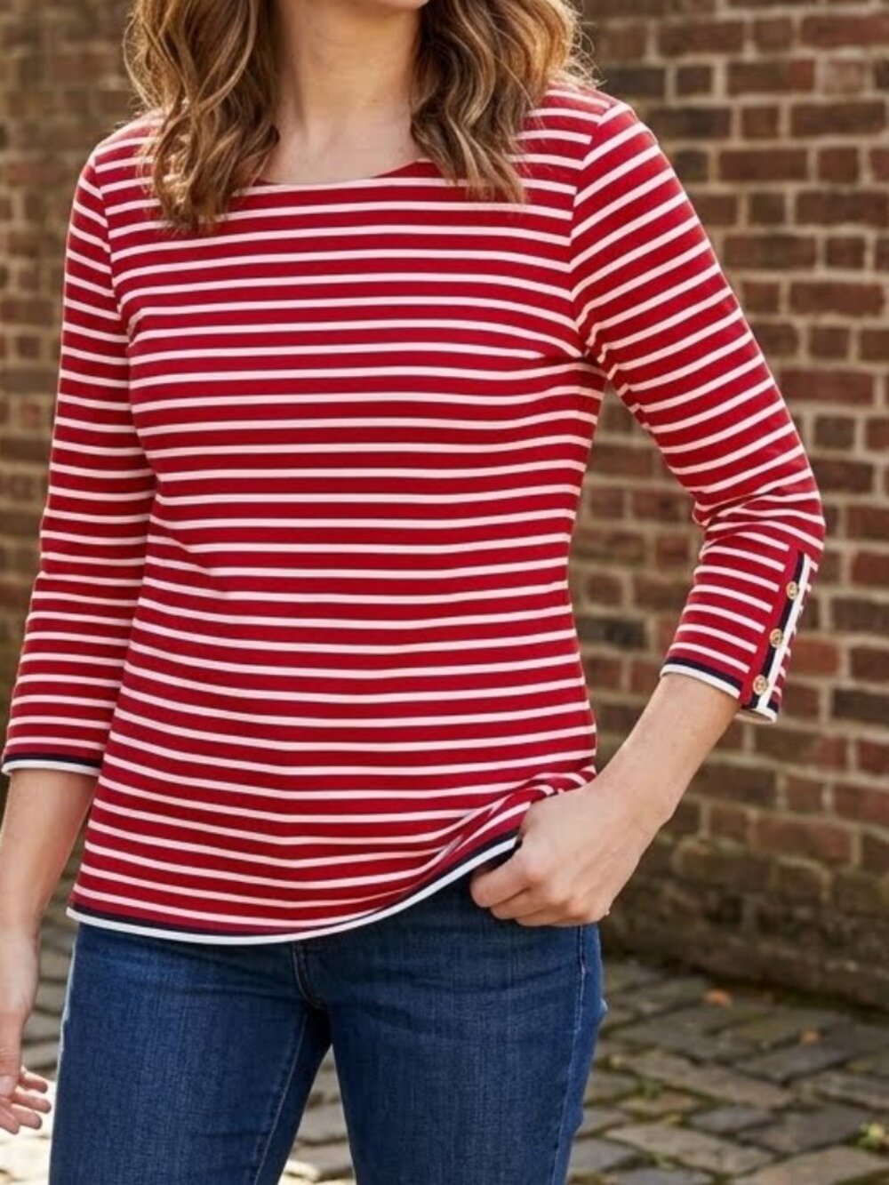 Talbots Women's Red White Striped T-Shirt 3/4 sleeves Size M Stretchy Casual